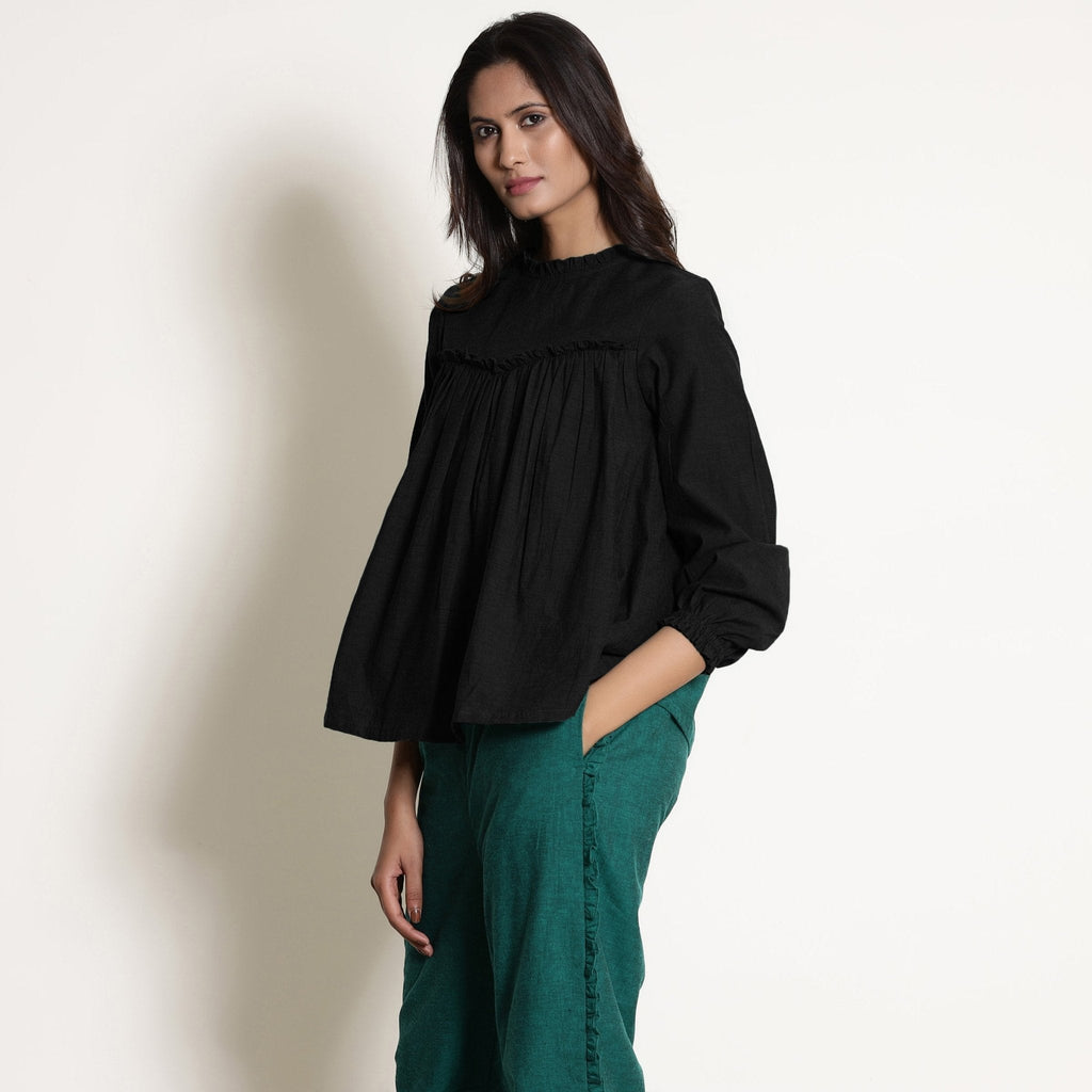 Black Warm Cotton Flannel Frilled Gathered Yoke Top