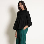 Black Warm Cotton Flannel Frilled Gathered Yoke Top