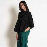 Black Warm Cotton Flannel Frilled Gathered Yoke Top