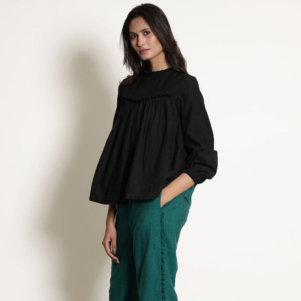 Black Warm Cotton Flannel Frilled Gathered Yoke Top