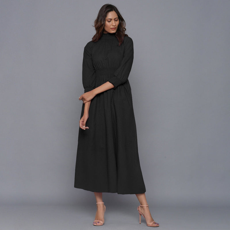 Black Warm Cotton Flannel High Neck Maxi Dress