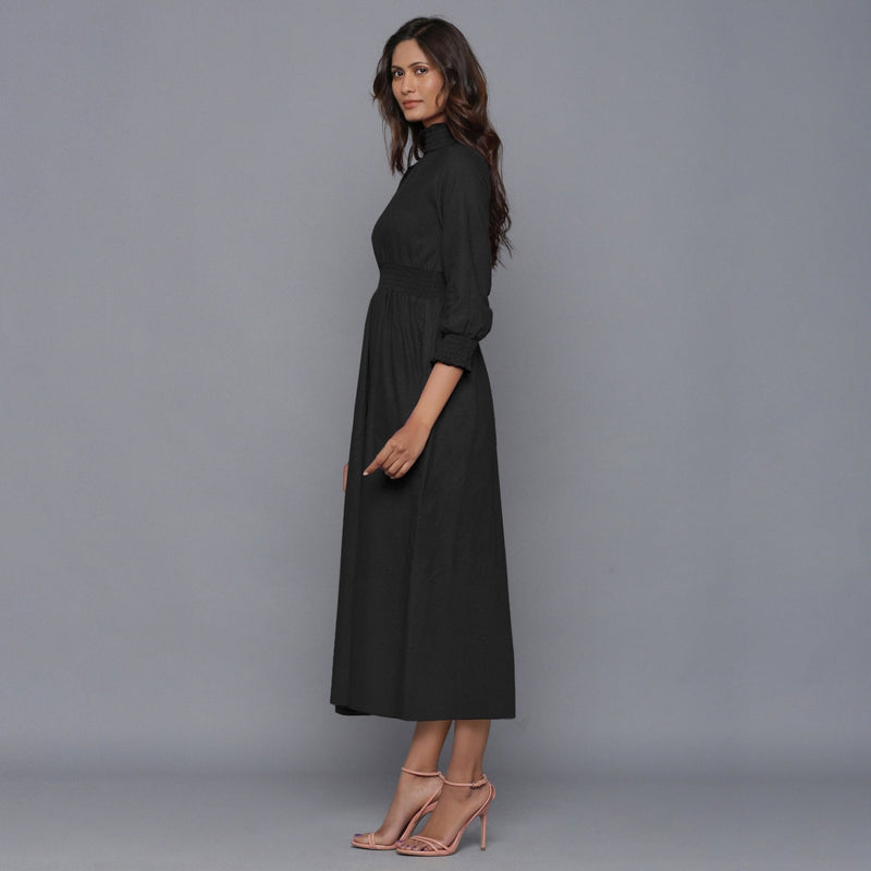 Black Warm Cotton Flannel High Neck Maxi Dress