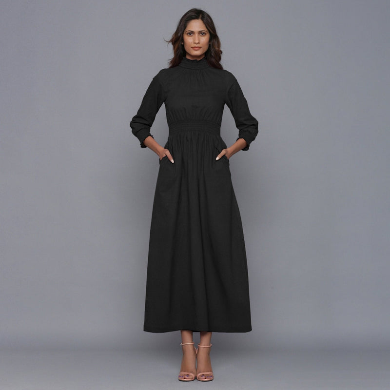 Black Warm Cotton Flannel High Neck Maxi Dress