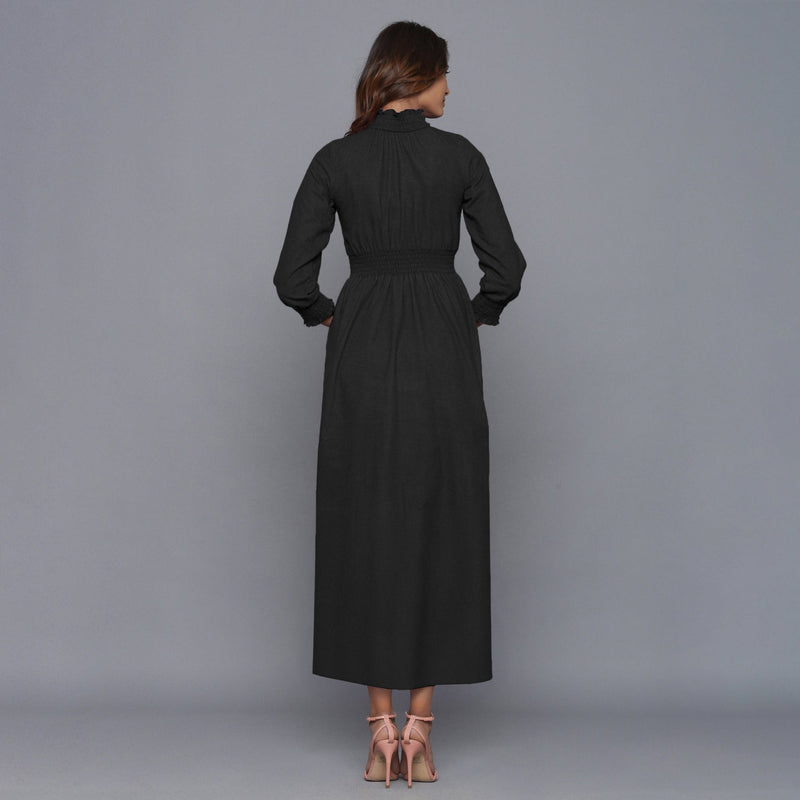 Black Warm Cotton Flannel High Neck Maxi Dress