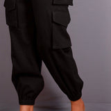 Black Warm Cotton Flannel High-Rise Cargo Jogger