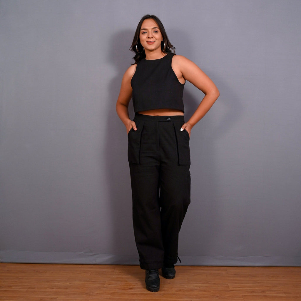 Front View of a Model wearing Black Warm Cotton Flannel High-Rise Convertible Jogger Cargo Pant