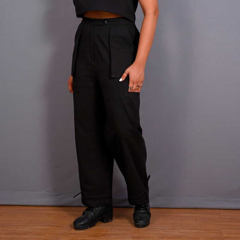 Left View of a Model wearing Black Warm Cotton Flannel High-Rise Convertible Jogger Cargo Pant
