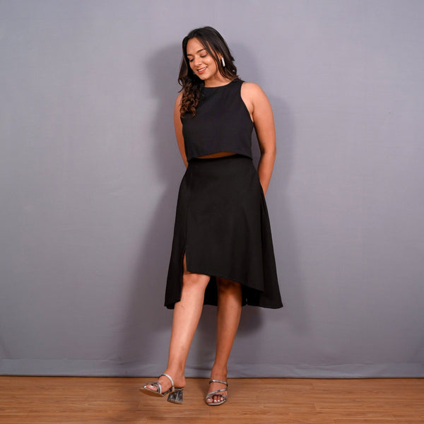 Black Warm Cotton Flannel High-Rise Front Slit Asymmetric Skirt