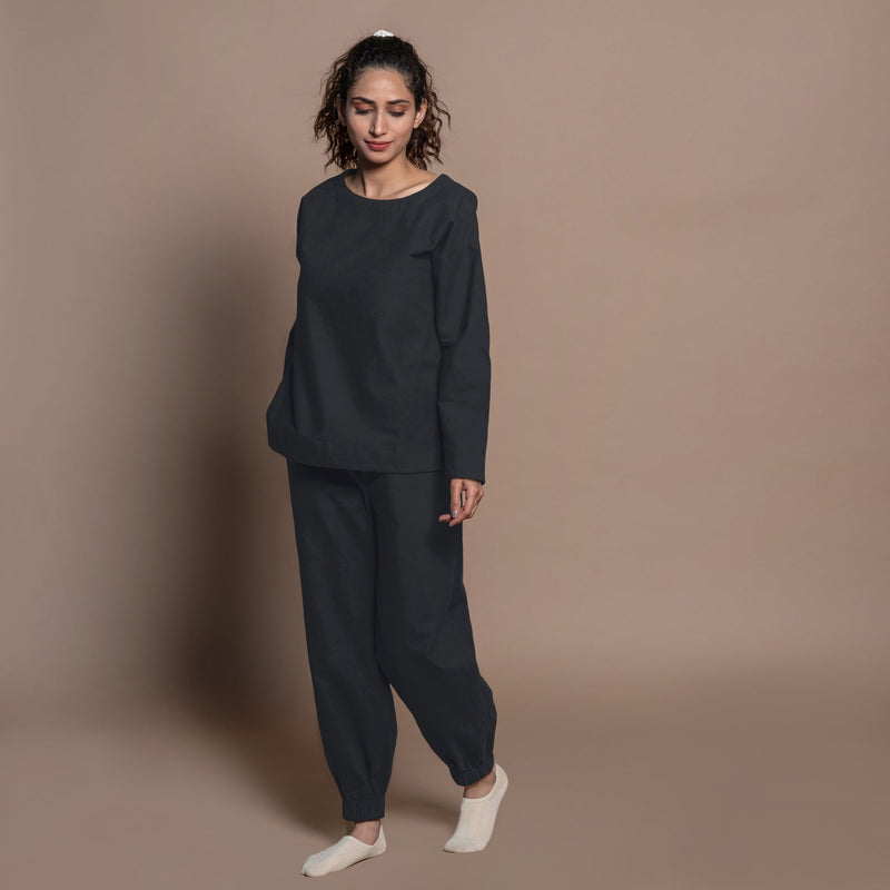 Front View of a Model wearing Black Warm Cotton Flannel Elasticated High-Rise Jogger Pant