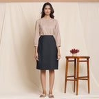 Front View of a Model wearing Black Warm Cotton Flannel Knee-Length Pencil Skirt