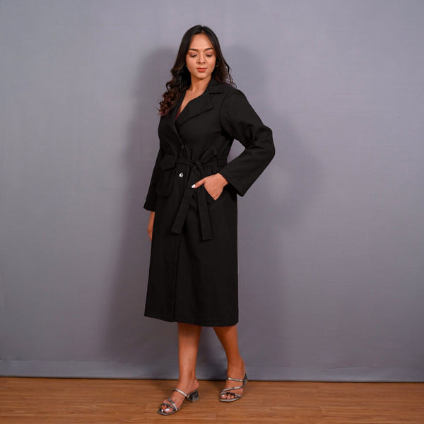 Black Warm Cotton Flannel Midi Blazer Dress