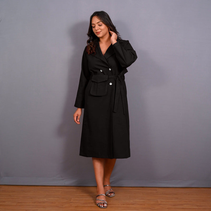 Black Warm Cotton Flannel Midi Blazer Dress