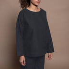 Front Detail of a Model wearing Black Warm Cotton Flannel Round Neck Sweatshirt