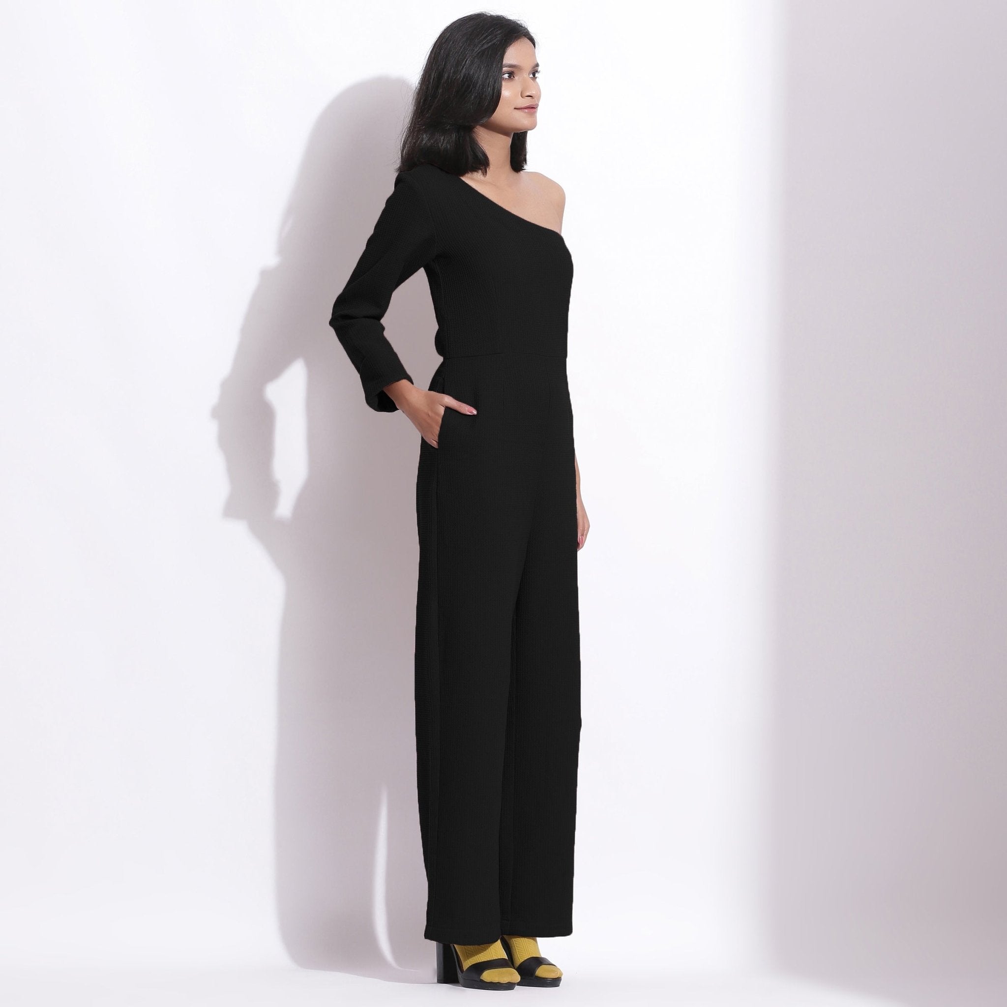 Black Warm Cotton Waffle Ankle Length One-Shoulder Jumpsuit