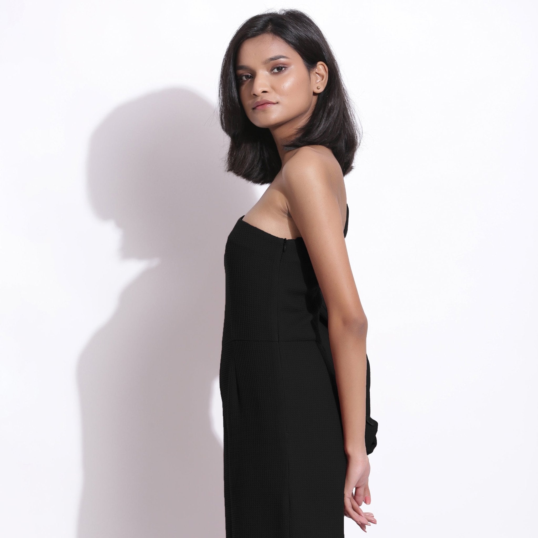 Black Warm Cotton Waffle Ankle Length One-Shoulder Jumpsuit