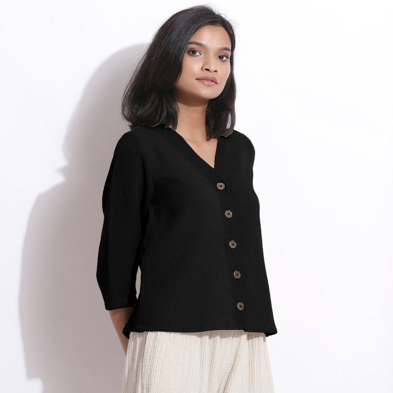 Black Warm Cotton Waffle Button-Down Top