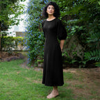 Black Warm Cotton Waffle Fit and Flare Maxi Dress