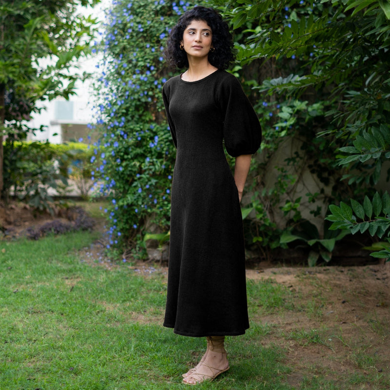 Black Warm Cotton Waffle Fit and Flare Maxi Dress