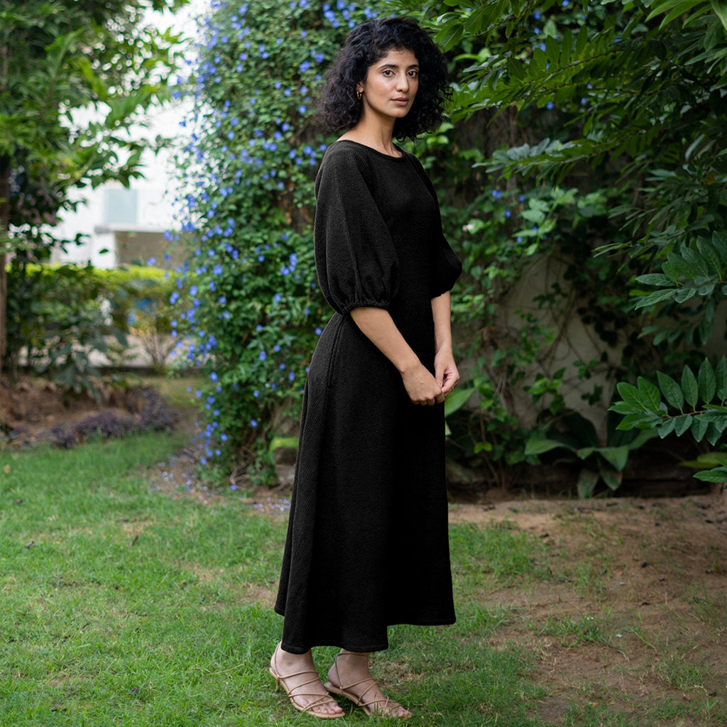 Black Warm Cotton Waffle Fit and Flare Maxi Dress