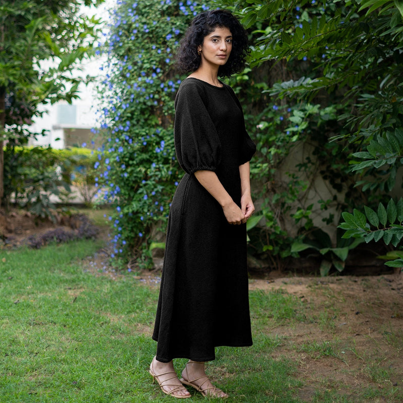 Black Warm Cotton Waffle Fit and Flare Maxi Dress