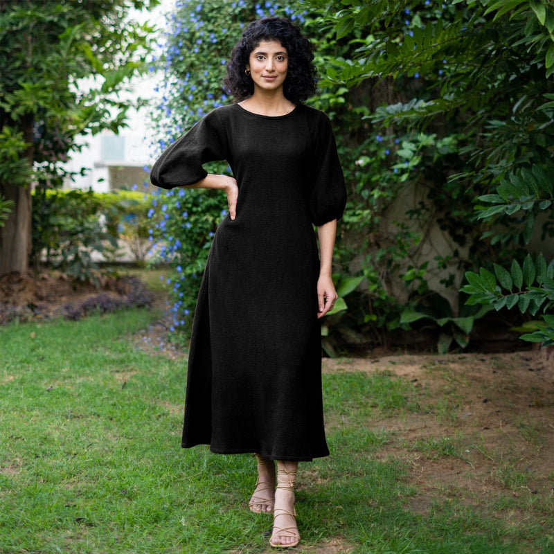 Black Warm Cotton Waffle Fit and Flare Maxi Dress