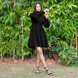 Black Warm Cotton Waffle Fit and Flare Short Dress