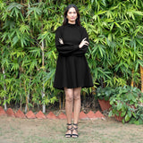 Black Warm Cotton Waffle Fit and Flare Short Dress