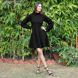 Black Warm Cotton Waffle Fit and Flare Short Dress