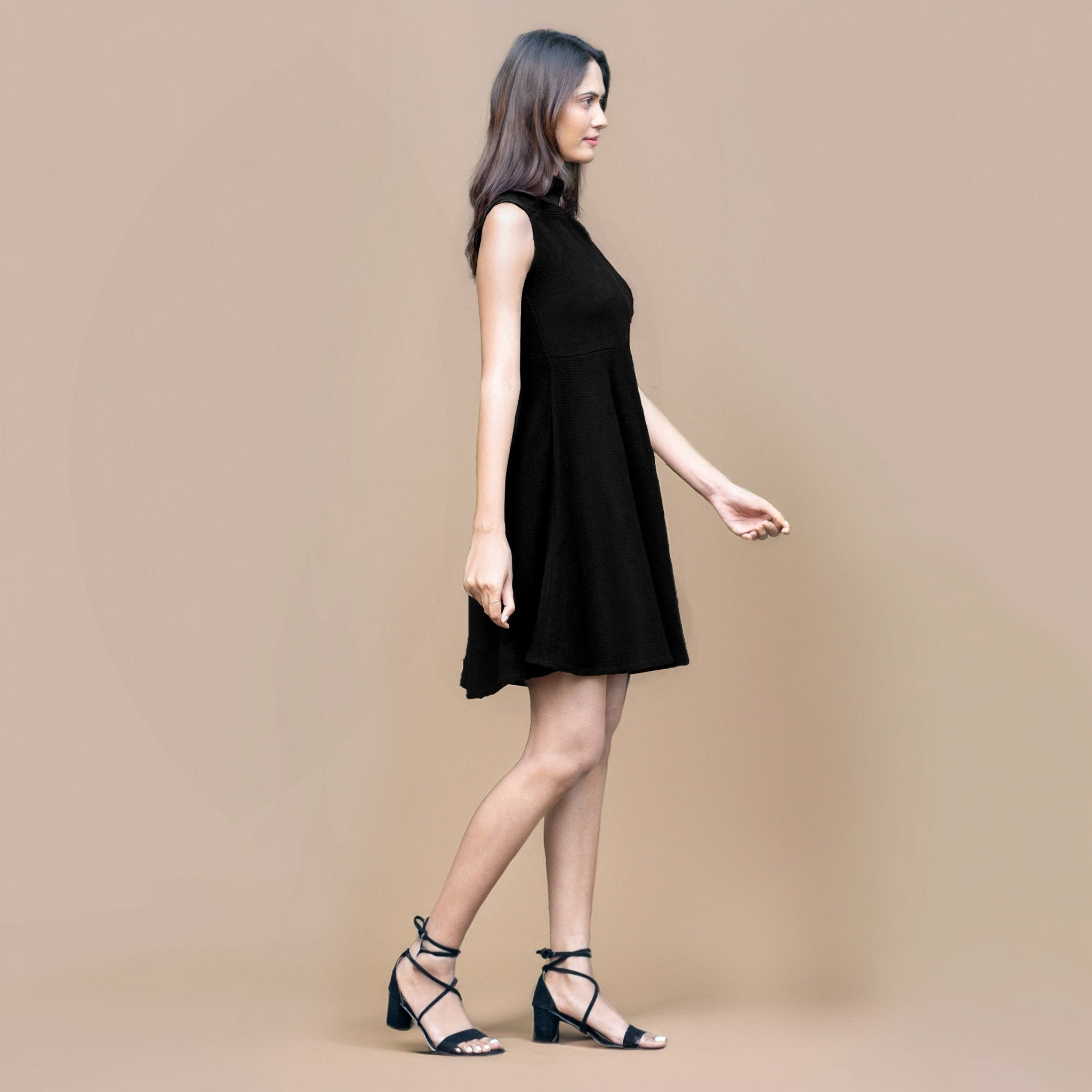 Black Warm Cotton Waffle Fit and Flare Short Sleeveless Dress