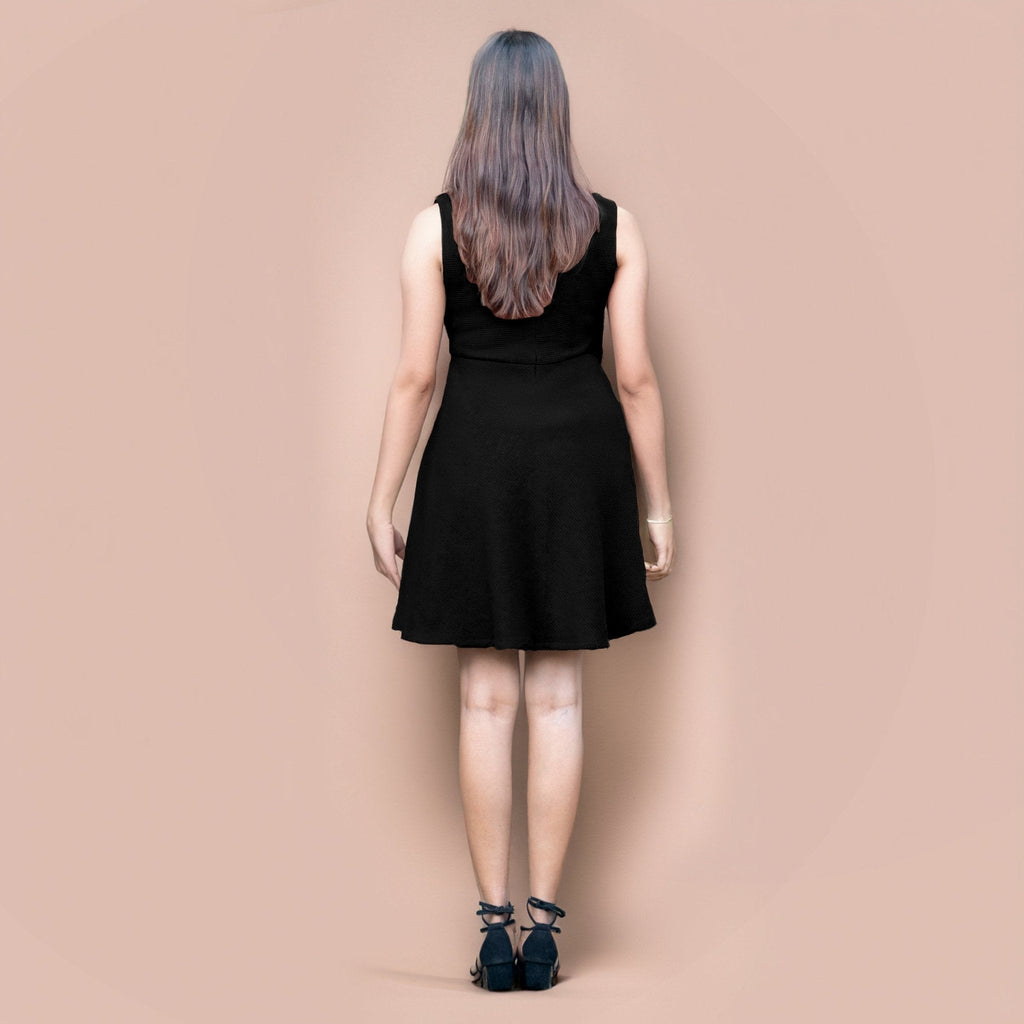 Black Warm Cotton Waffle Fit and Flare Short Sleeveless Dress