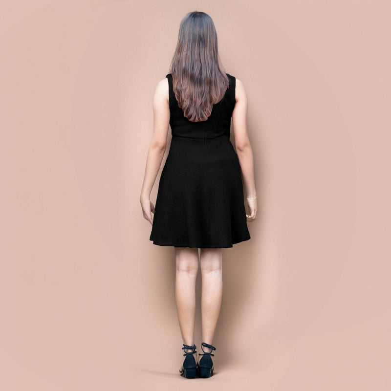 Black Warm Cotton Waffle Fit and Flare Short Sleeveless Dress