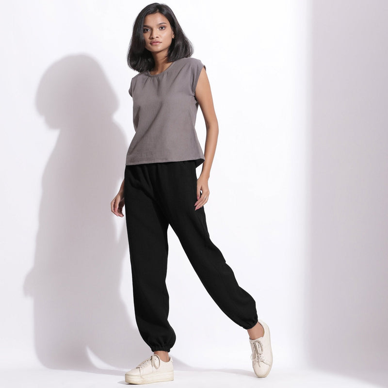 Black Warm Cotton Waffle High-Rise Jogger Pant