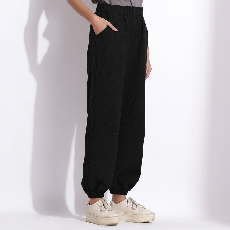 Black Warm Cotton Waffle High-Rise Jogger Pant