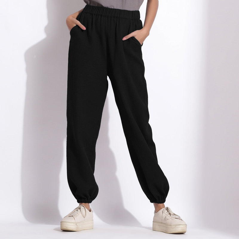 Black Warm Cotton Waffle High-Rise Jogger Pant