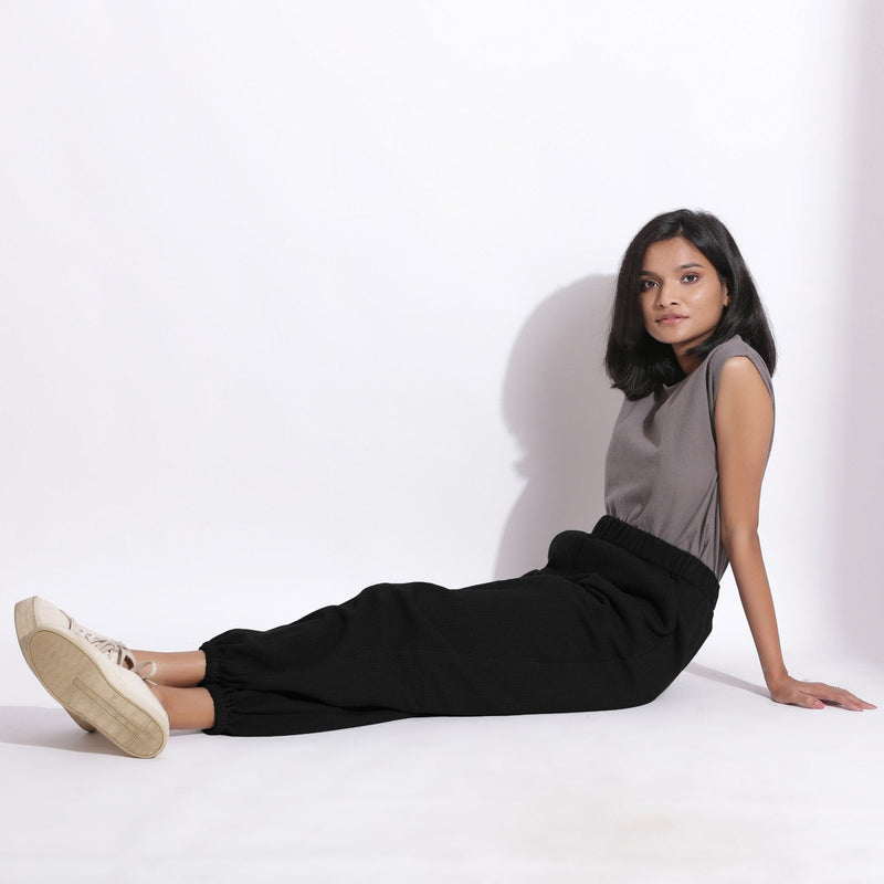 Black Warm Cotton Waffle High-Rise Jogger Pant