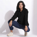 Black Warm Cotton Waffle Hoodie Sweatshirt
