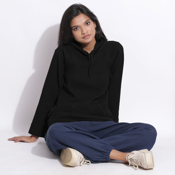 Black Warm Cotton Waffle Hoodie Sweatshirt