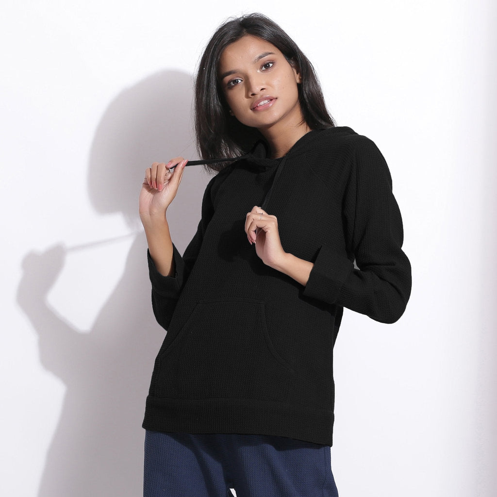Black Warm Cotton Waffle Hoodie Sweatshirt