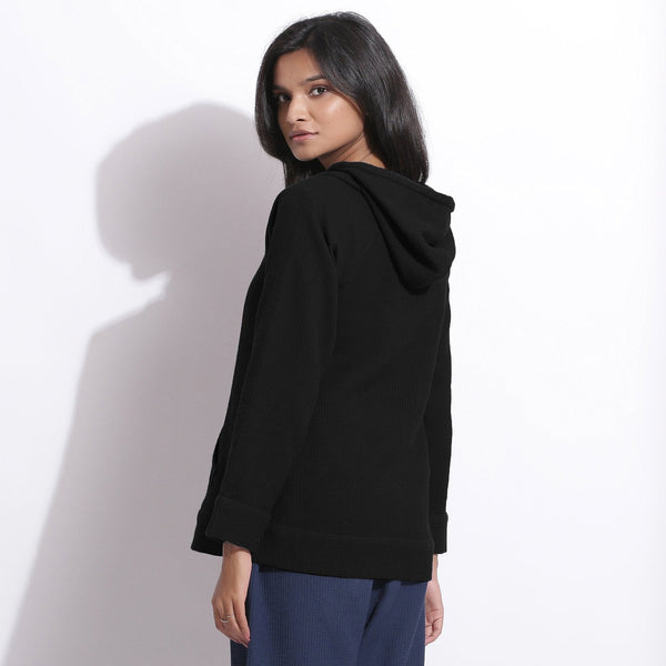 Black Warm Cotton Waffle Hoodie Sweatshirt