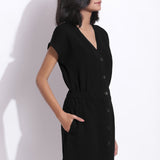 Black Warm Cotton Waffle Knee Length Button-Down Dress