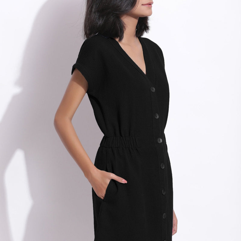 Black Warm Cotton Waffle Knee Length Button-Down Dress