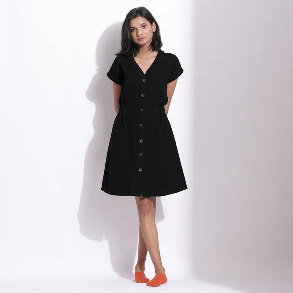 Black Warm Cotton Waffle Knee Length Button-Down Dress