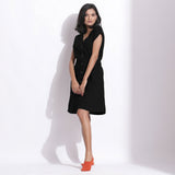 Black Warm Cotton Waffle Knee Length Button-Down Dress