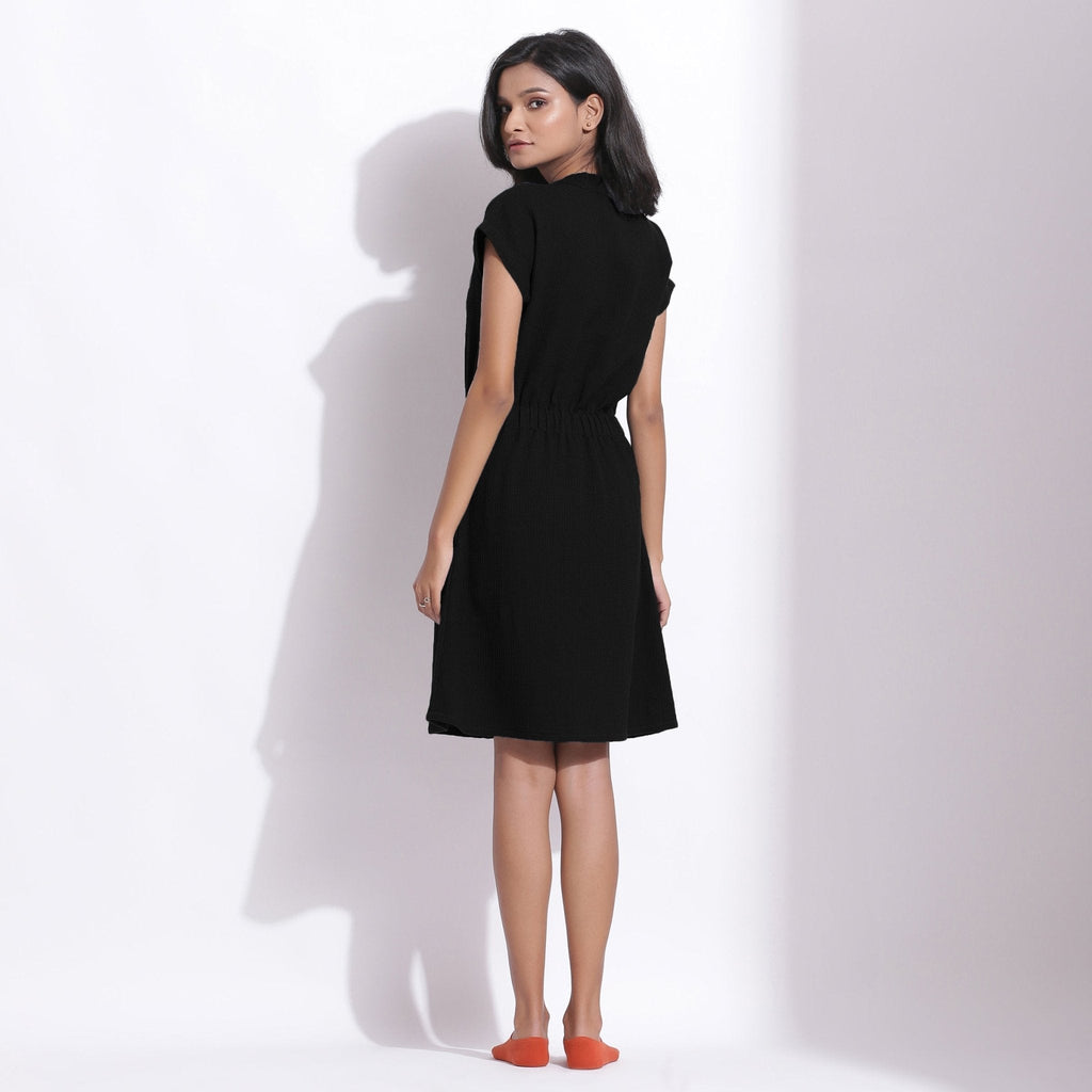 Black Warm Cotton Waffle Knee Length Button-Down Dress