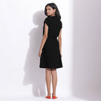 Black Warm Cotton Waffle Knee Length Button-Down Dress