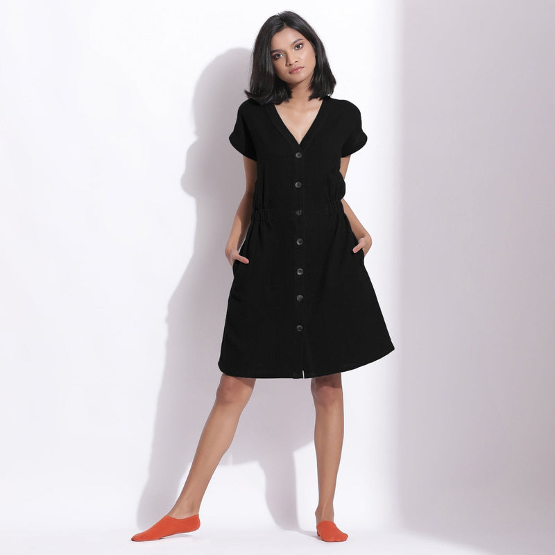 Black Warm Cotton Waffle Knee Length Button-Down Dress