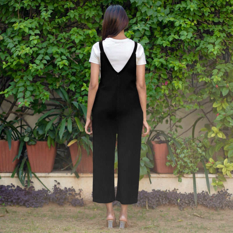 Black Warm Cotton Waffle Midi Dungaree Jumpsuit