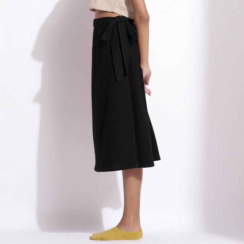 Black Warm Cotton Waffle Midi Wrap Skirt