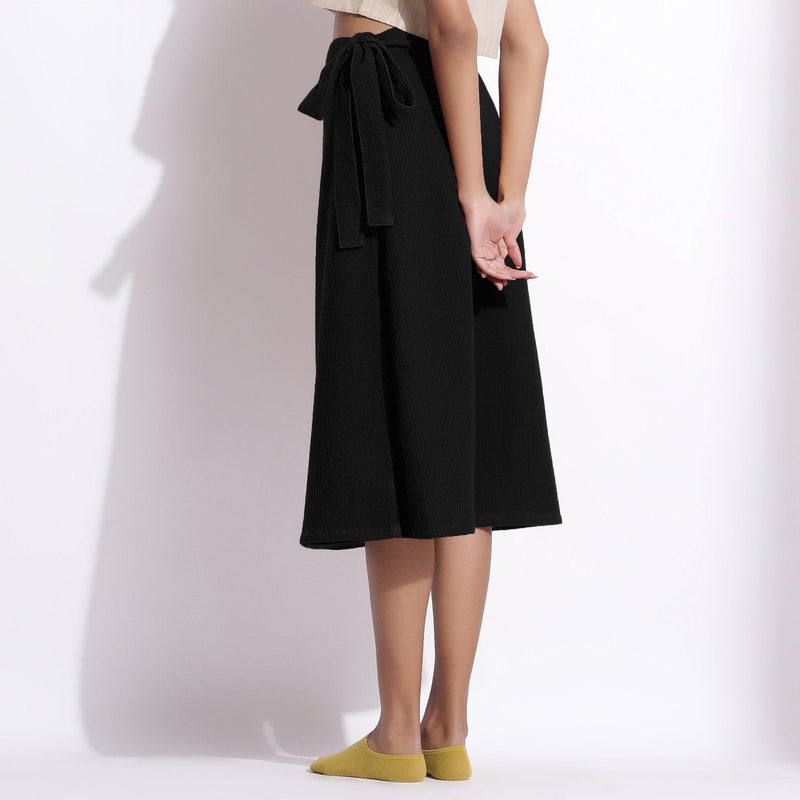 Black Warm Cotton Waffle Midi Wrap Skirt