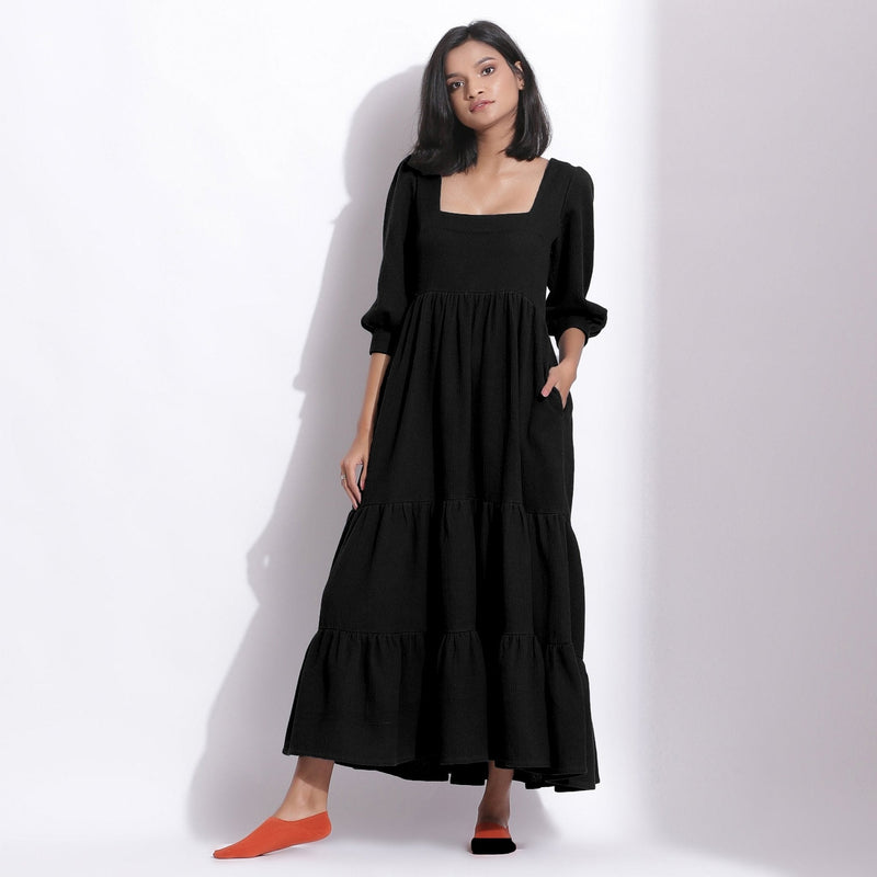 Black Warm Cotton Waffle Tier Maxi Dress